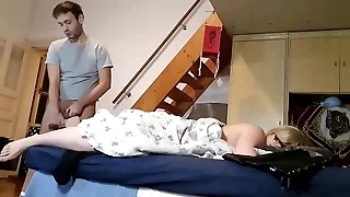 Self-abuse stepson jerking gone to his Mother's feet secretly